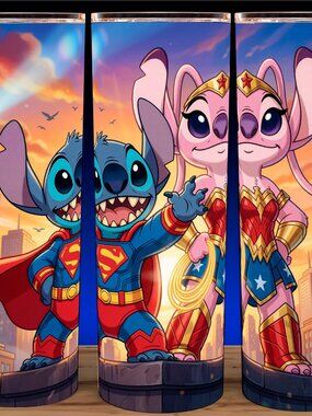 Stitch and Angel Superman and Wonder Woman Cup Mug Tumbler 20oz